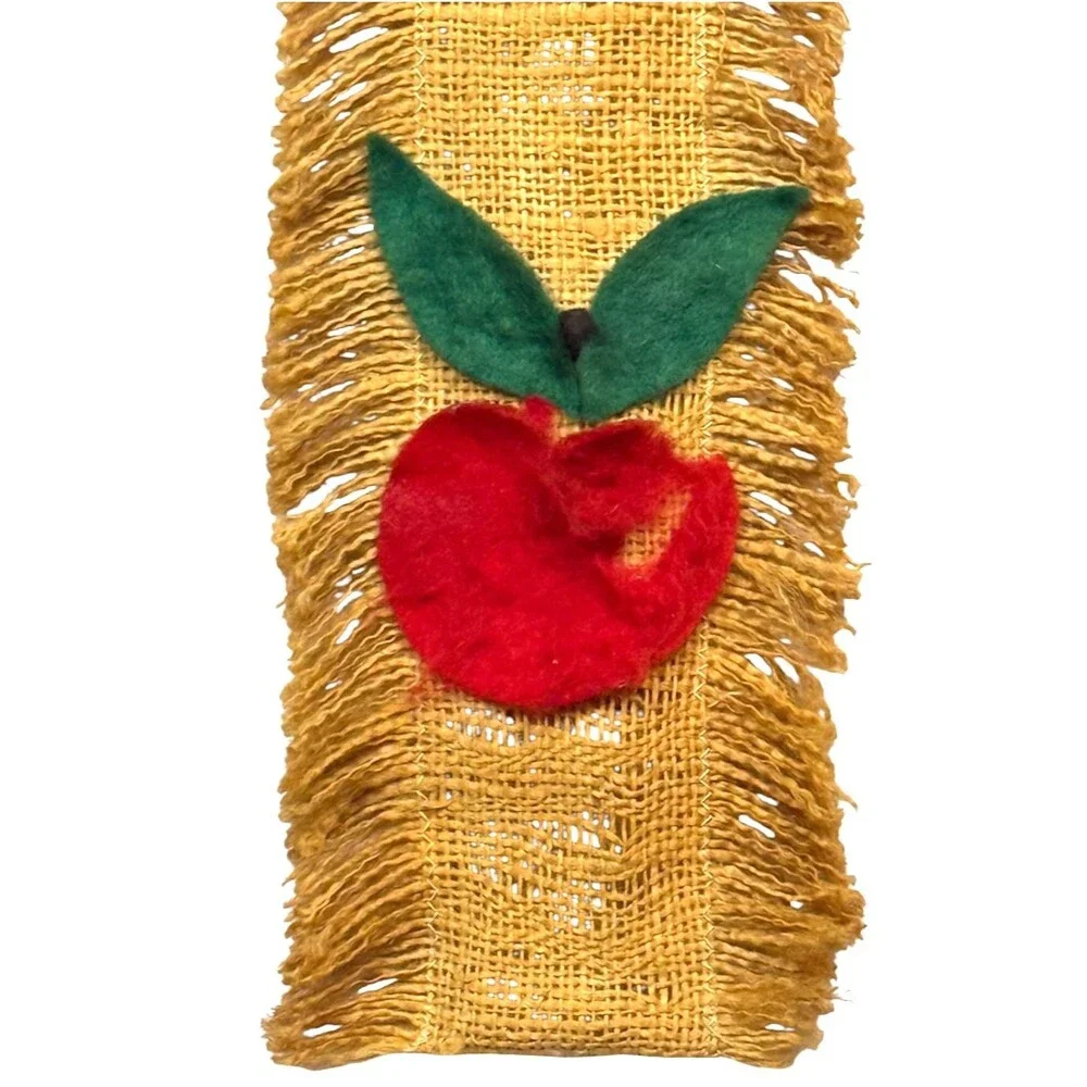 Vintage 70s Burlap Fruit Wall Hanging Yardstick Holder Ad Ruler Rustic Country